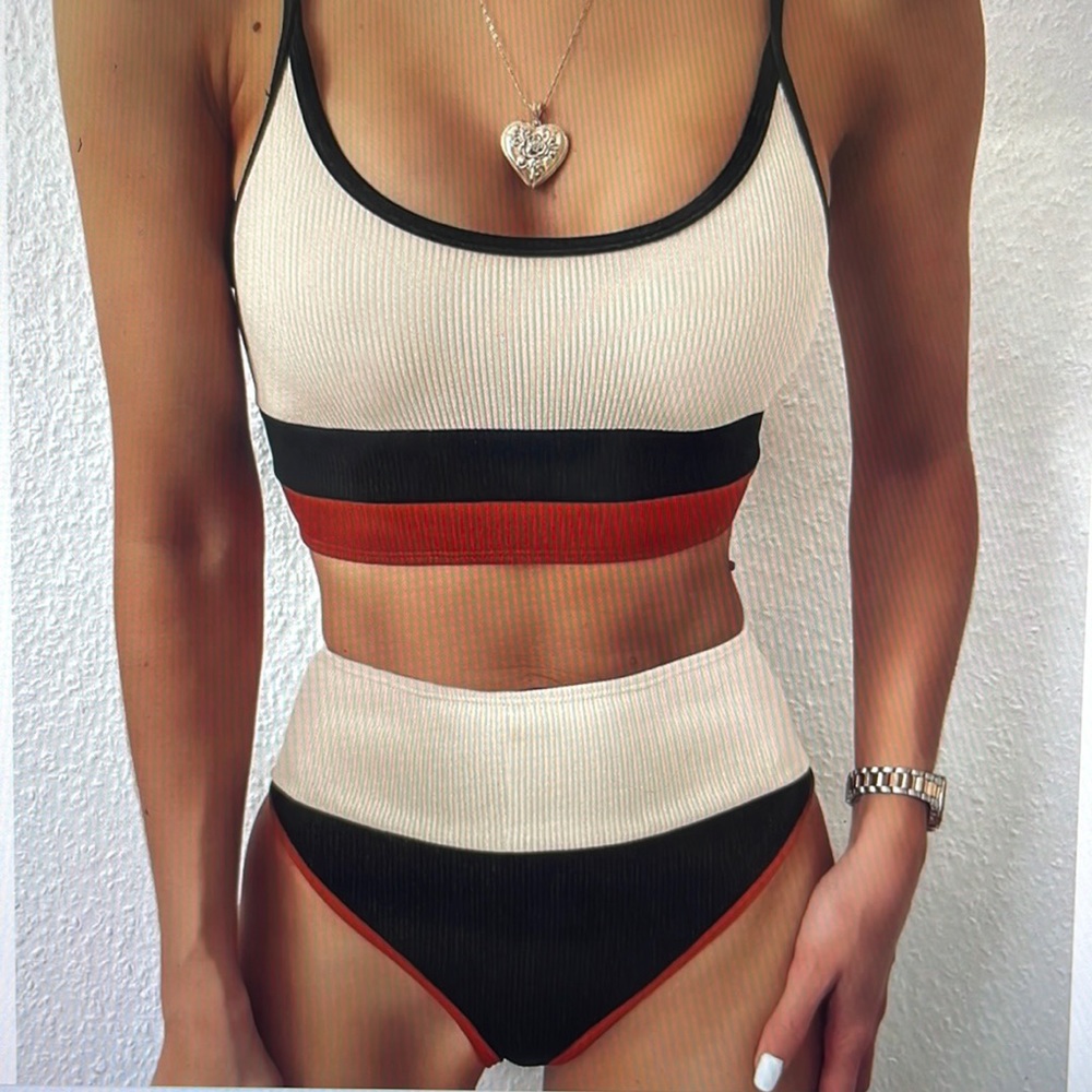 Rib color block high waisted bikini swimsuit set beachriot dupe